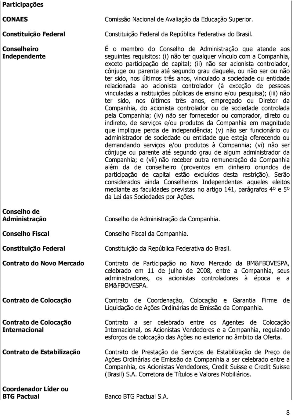 É o membro do Conselho de Administração que atende aos seguintes requisitos: (i) não ter qualquer vínculo com a Companhia, exceto participação de capital; (ii) não ser acionista controlador, cônjuge