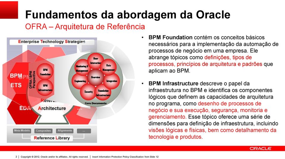 BPM Infrastructure descreve o papel da infraestrutura no BPM e identifica os componentes lógicos que definem as capacidades de arquitetura no programa, como desenho de processos