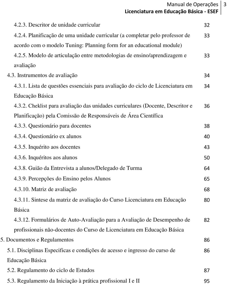 Lista de questões essenciais para avaliação do ciclo de Licenciatura em 34 Educação Básica 4.3.2.