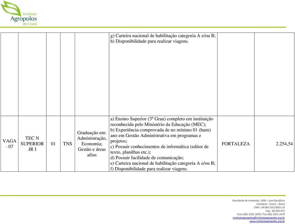 Educação (MEC); b) Experiência comprovada de no mínimo 01 (hum) ano em Gestão Administrativa em programas e projetos; c) Possuir conhecimentos de