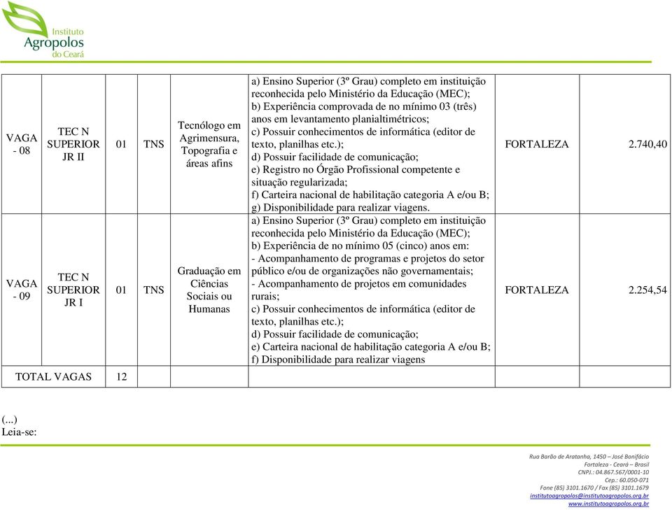 ); d) Possuir facilidade de comunicação; e) Registro no Órgão Profissional competente e situação regularizada; f) Carteira nacional de habilitação categoria A e/ou B; g) Disponibilidade para realizar