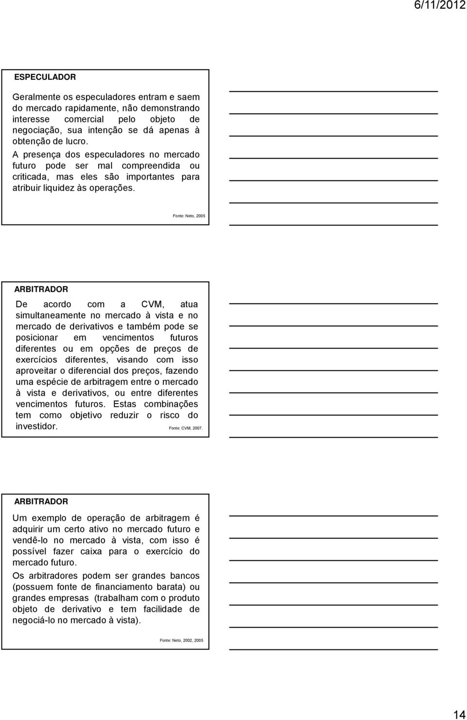 Fonte: Neto, 2005 ARBITRADOR De acordo com a CVM, atua simultaneamente no mercado à vista e no mercado de derivativos e também pode se posicionar em vencimentos futuros diferentes ou em opções de