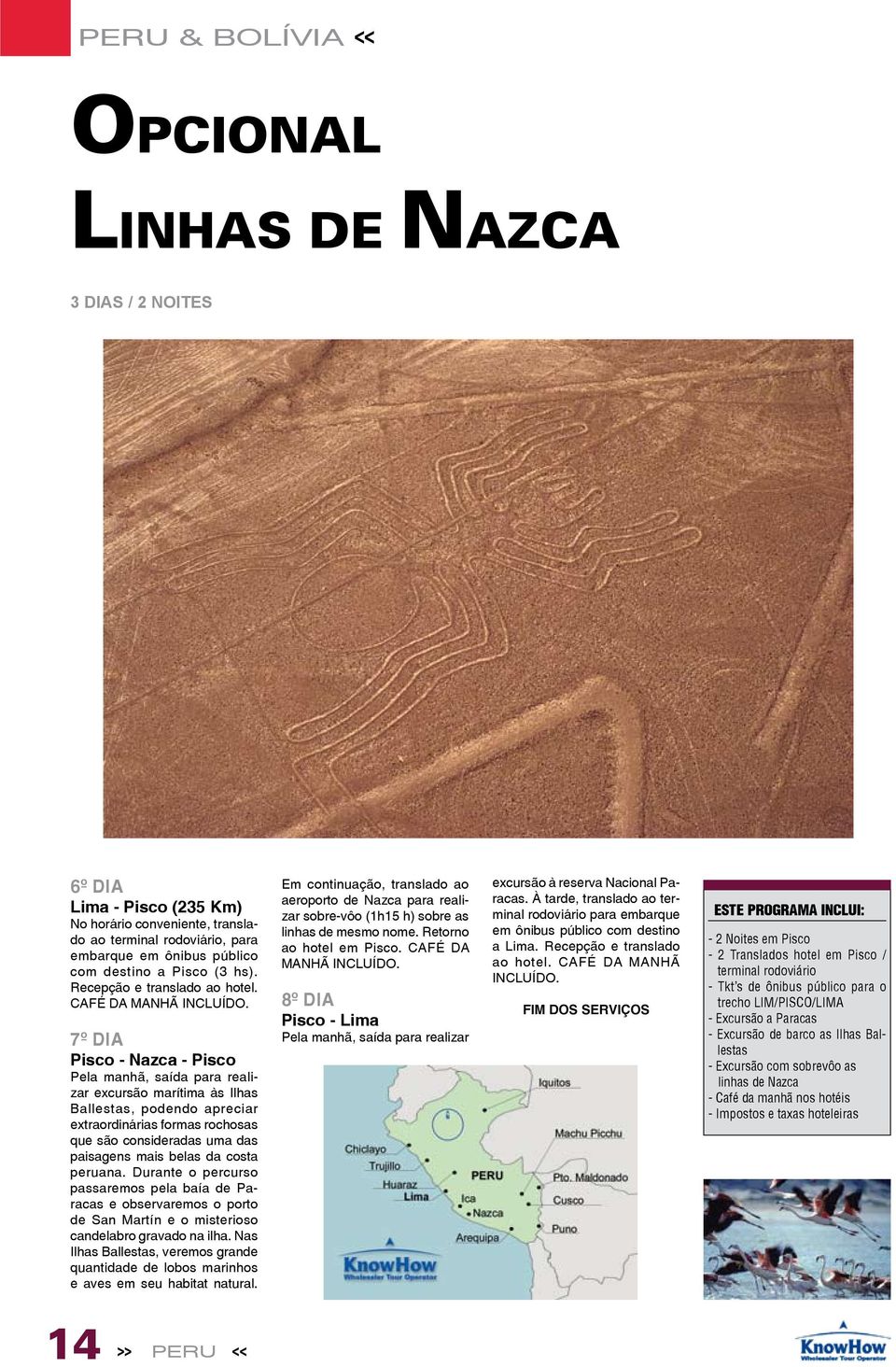 CAFÉ DA 7º DIA Pisco - Nazca - Pisco Pela manhã, saída para realizar excursão marítima às Ilhas Ballestas, podendo apreciar extraordinárias formas rochosas que são consideradas uma das paisagens mais