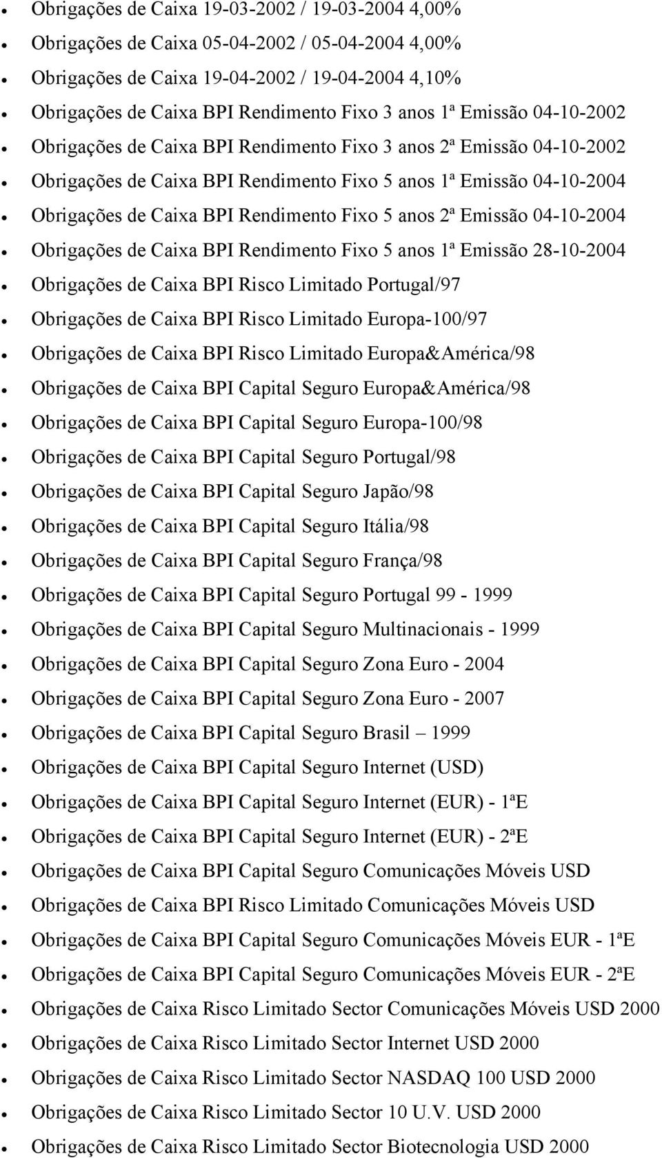 anos 2ª Emissão 04-10-2004 Obrigações de Caixa BPI Rendimento Fixo 5 anos 1ª Emissão 28-10-2004 Obrigações de Caixa BPI Risco Limitado Portugal/97 Obrigações de Caixa BPI Risco Limitado Europa-100/97