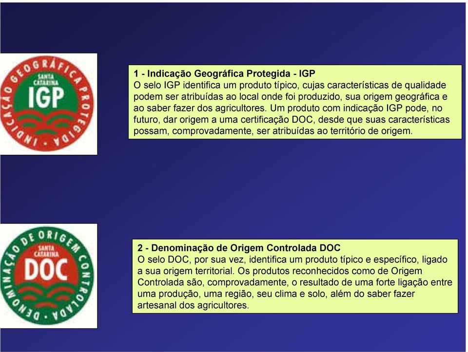 Um produto com indicação IGP pode, no futuro, dar origem a uma certificação DOC, desde que suas características possam, comprovadamente, ser atribuídas ao território de origem.