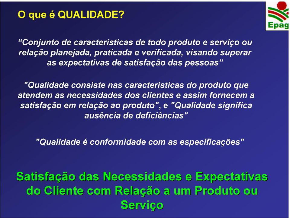 expectativas de satisfação das pessoas "Qualidade consiste nas características do produto que atendem as necessidades dos