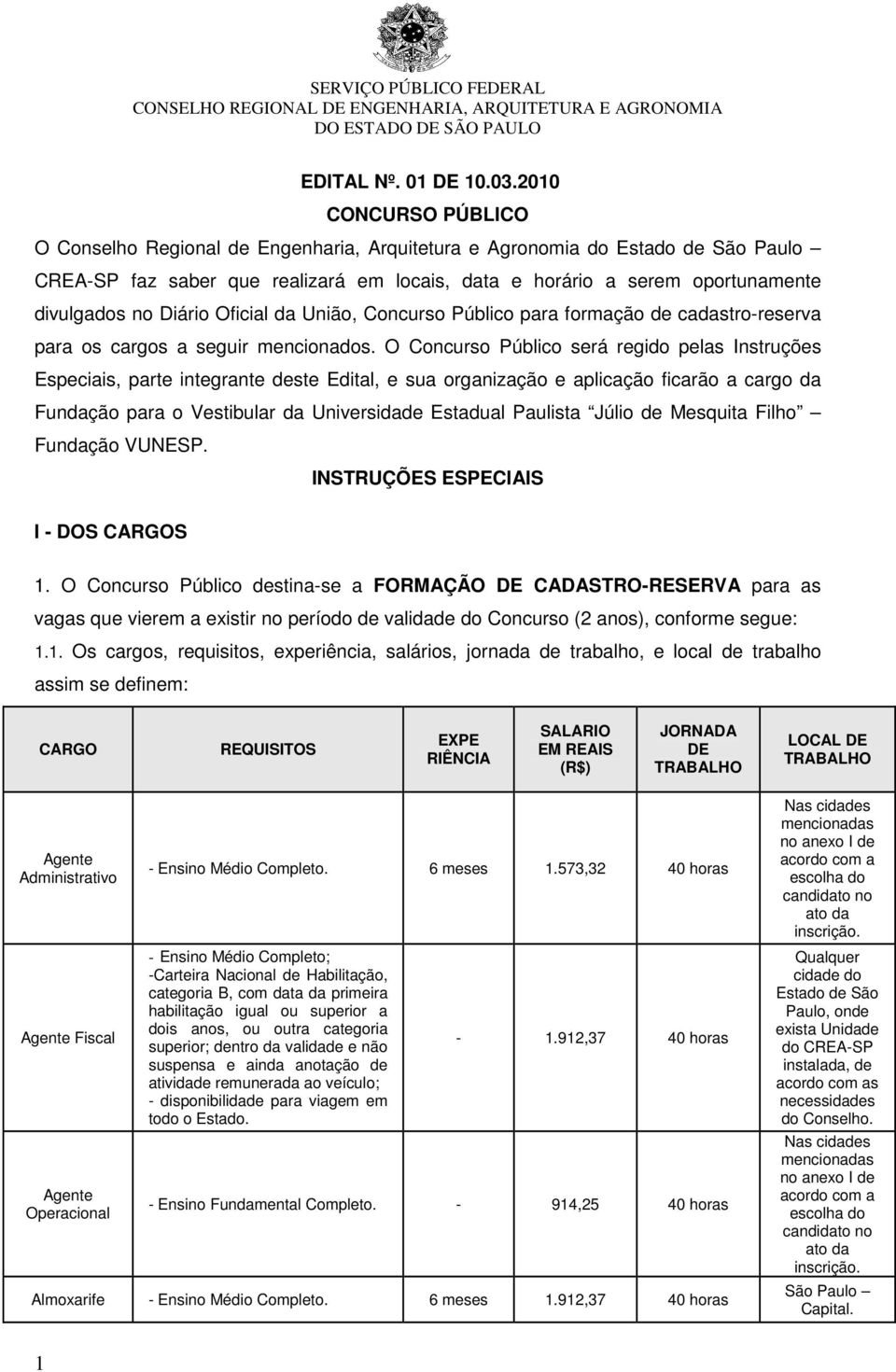 Diário Oficial da União, Concurso Público para formação de cadastro-reserva para os cargos a seguir mencionados.