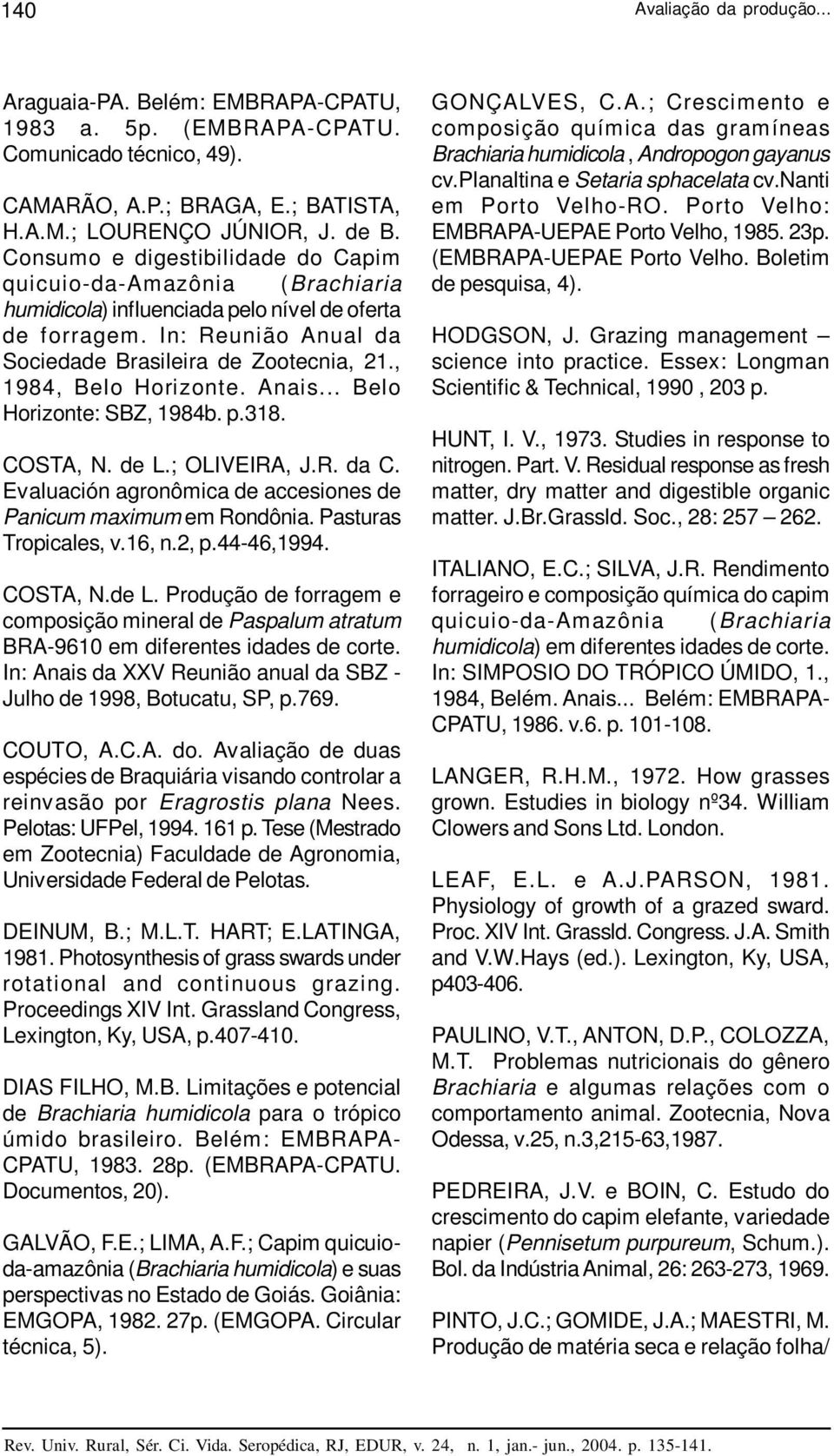 , 1984, Belo Horizonte. Anais... Belo Horizonte: SBZ, 1984b. p.318. COSTA, N. de L.; OLIVEIRA, J.R. da C. Evaluación agronômica de accesiones de Panicum maximum em Rondônia. Pasturas Tropicales, v.