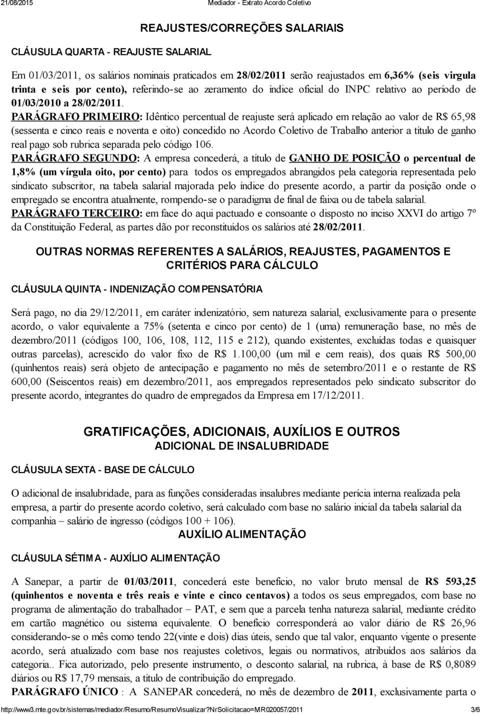 PARÁGRAFO PRIMEIRO: Idêntico percentual de reajuste será aplicado em relação ao valor de R$ 65,98 (sessenta e cinco reais e noventa e oito) concedido no Acordo Coletivo de Trabalho anterior a título