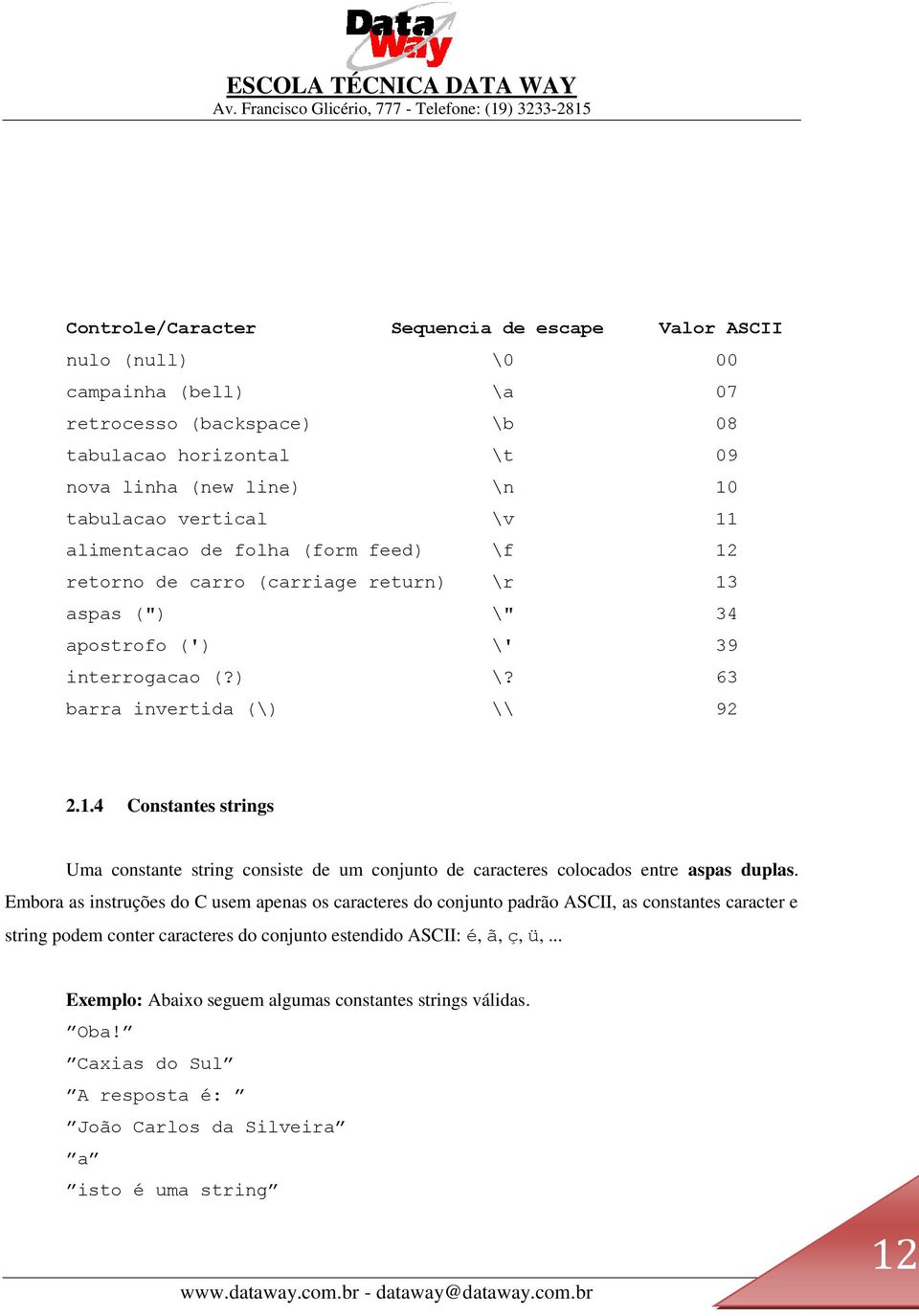 Embora as instruções do C usem apenas os caracteres do conjunto padrão ASCII, as constantes caracter e string podem conter caracteres do conjunto estendido ASCII: é, ã, ç, ü,.