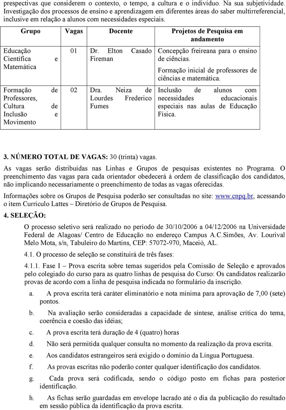 Grupo Vagas Docnt Projtos d Psquisa m andamnto Educação Cintífica Matmática Formação Profssors, Cultura Inclusão Movimnto d d 01 Dr. Elton Casado Firman 02 Dra.