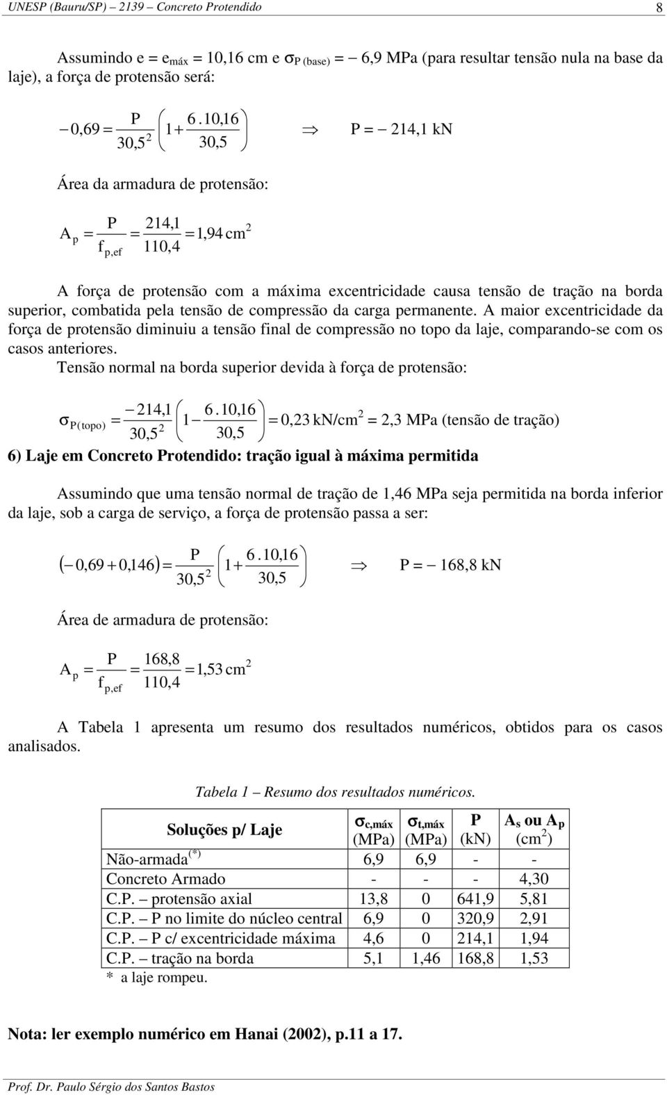 tensão de comressão da carga ermanente. A maior excentricidade da força de rotensão diminuiu a tensão final de comressão no too da laje, comarando-se com os casos anteriores.