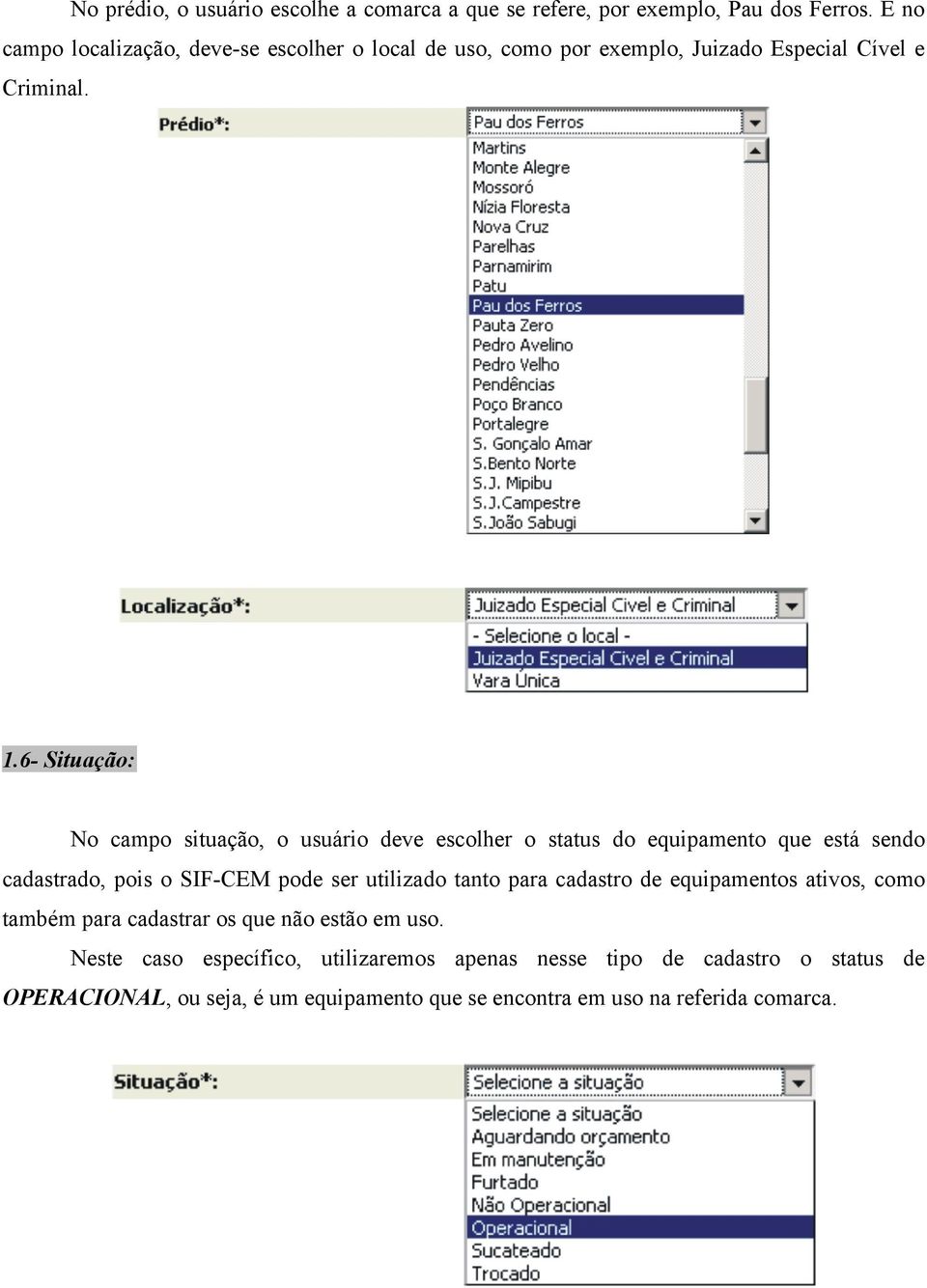 6- Situação: No campo situação, o usuário deve escolher o status do equipamento que está sendo cadastrado, pois o SIF-CEM pode ser utilizado tanto