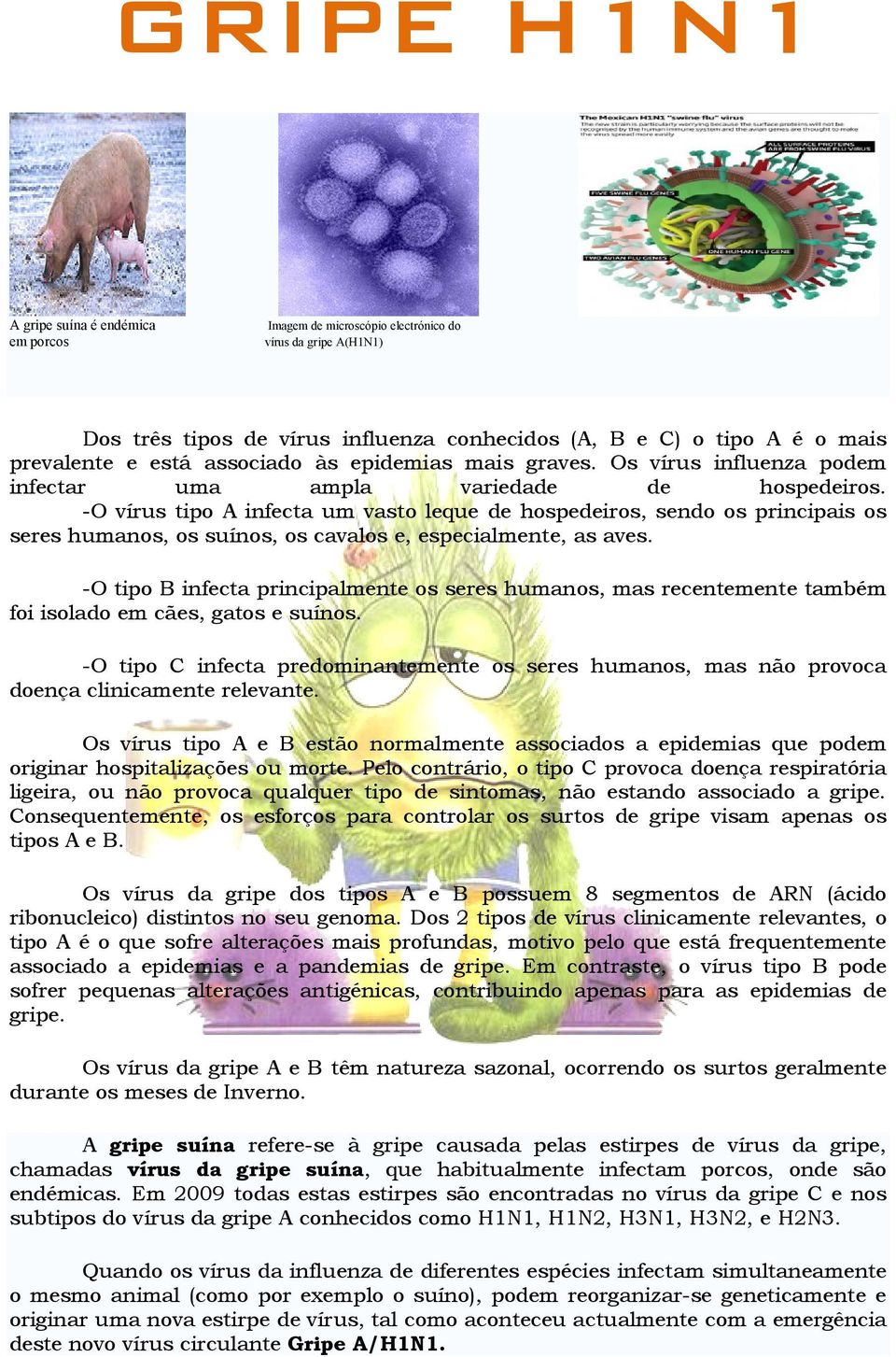 -O vírus tipo A infecta um vasto leque de hospedeiros, sendo os principais os seres humanos, os suínos, os cavalos e, especialmente, as aves.