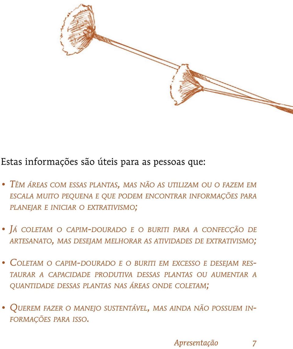 melhorar as atividades de extrativismo; Coletam o capim-dourado e o buriti em excesso e desejam restaurar a capacidade produtiva dessas plantas ou