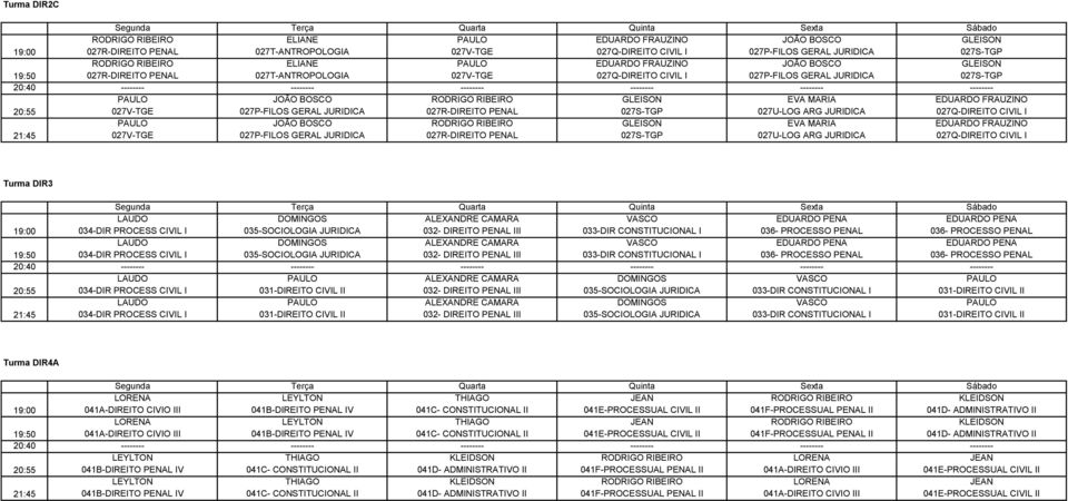 GLEISON EVA MARIA EDUARDO FRAUZINO 20:55 027V-TGE 027P-FILOS GERAL JURIDICA 027R-DIREITO PENAL 027S-TGP 027U-LOG ARG JURIDICA 027Q-DIREITO CIVIL I PAULO JOÃO BOSCO RODRIGO RIBEIRO GLEISON EVA MARIA