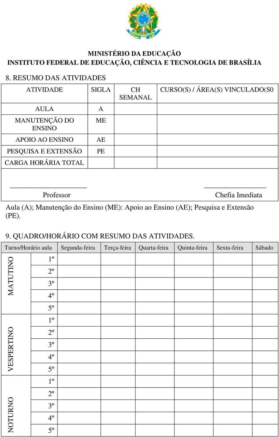 Apoio ao Ensino (AE); Pesquisa e Extensão (PE). 9. QUADRO/HORÁRIO COM RESUMO DAS ATIVIDADES.