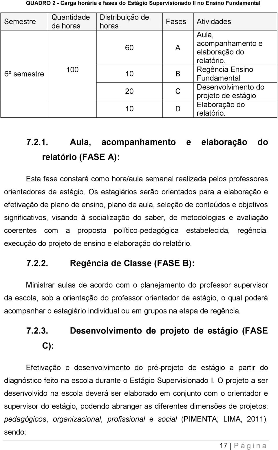 Aula, acompanhamento e elaboração do relatório (FASE A): Esta fase constará como hora/aula semanal realizada pelos professores orientadores de estágio.