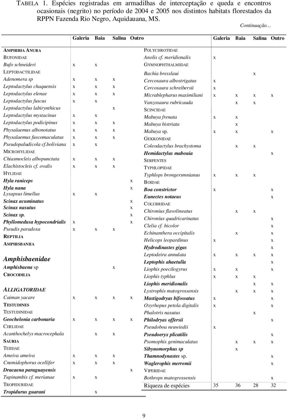 Continuação Galeria AMPHIBIA ANURA B UFONIDAE Bufo schneideri LEPTODACTILIDAE Adenomera sp Leptodactylus chaquensis Leptodactylus elenae Leptodactylus fuscus Leptodactylus labirynthicus Leptodactylus