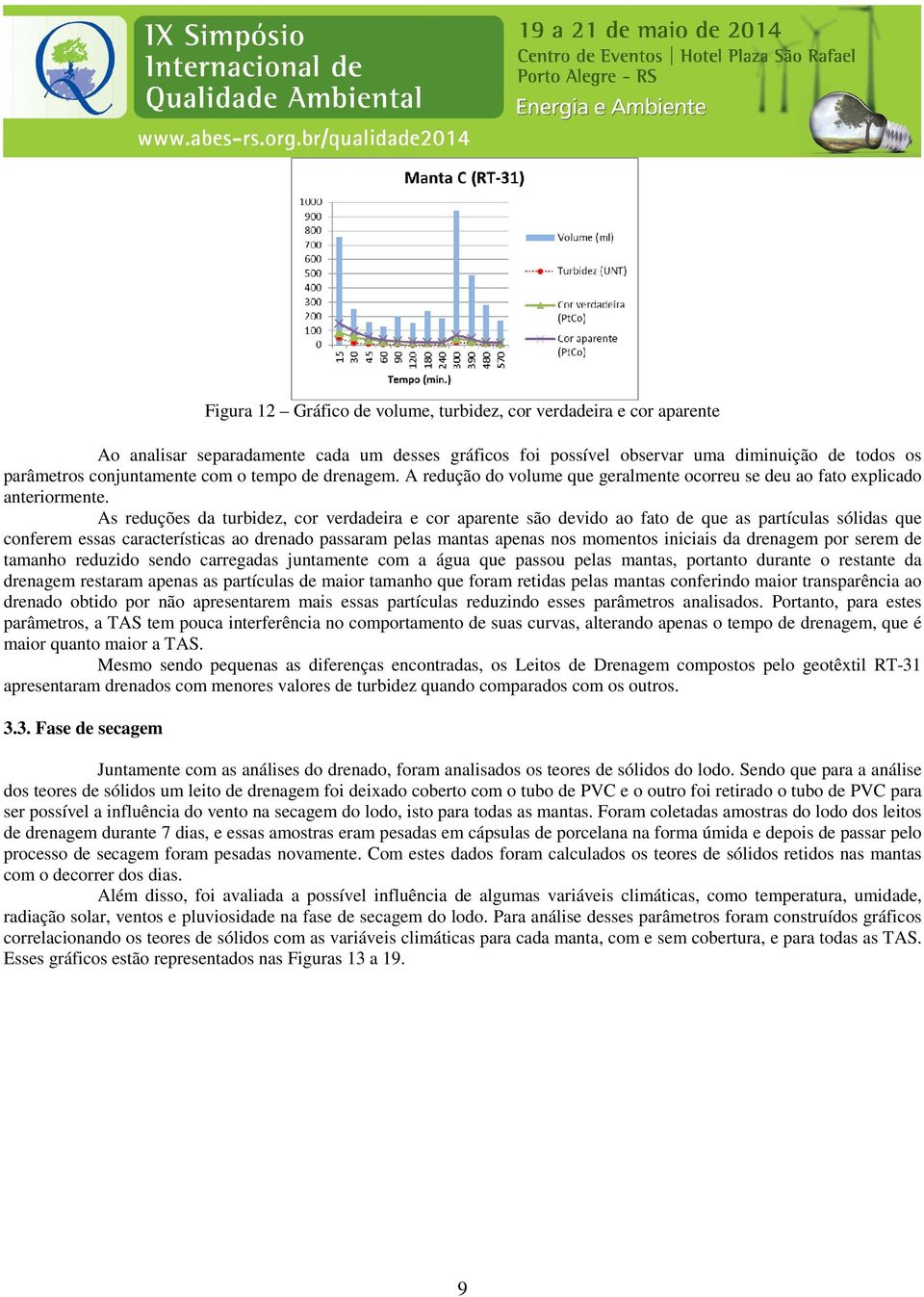 As reduções da turbidez, cor verdadeira e cor aparente são devido ao fato de que as partículas sólidas que conferem essas características ao drenado passaram pelas mantas apenas nos momentos iniciais