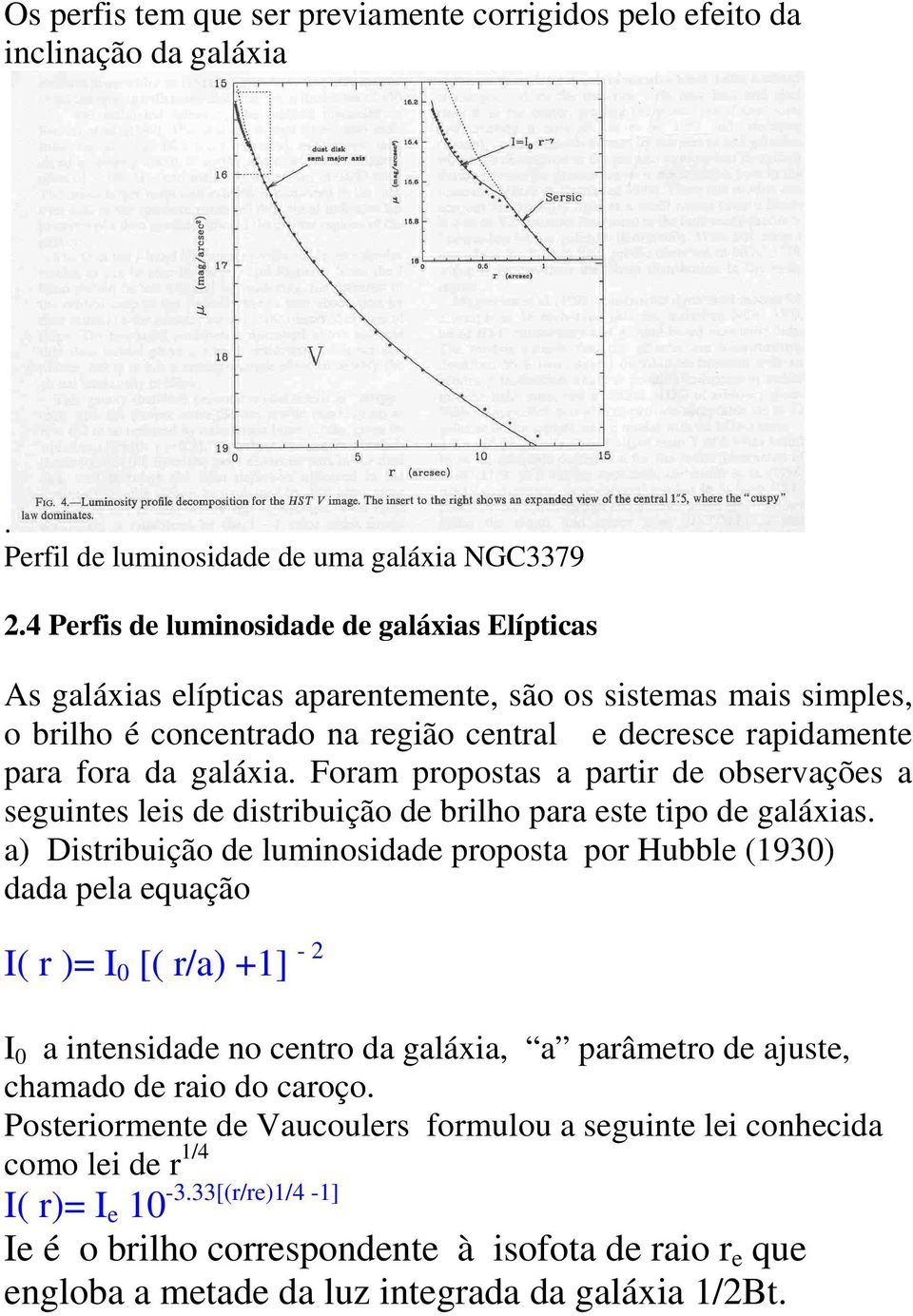 Foram propostas a partir de observações a seguintes leis de distribuição de brilho para este tipo de galáxias.