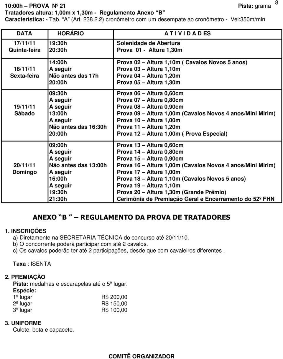 8.2.2) cronômetro com um desempate ao cronômetro - Vel:350m/min 8 DATA HORÁRIO A T I V I D A D ES 17/11/11 Quinta-feira 19:30h 20:30h Solenidade de Abertura Prova 01 - Altura 1,30m 18/11/11