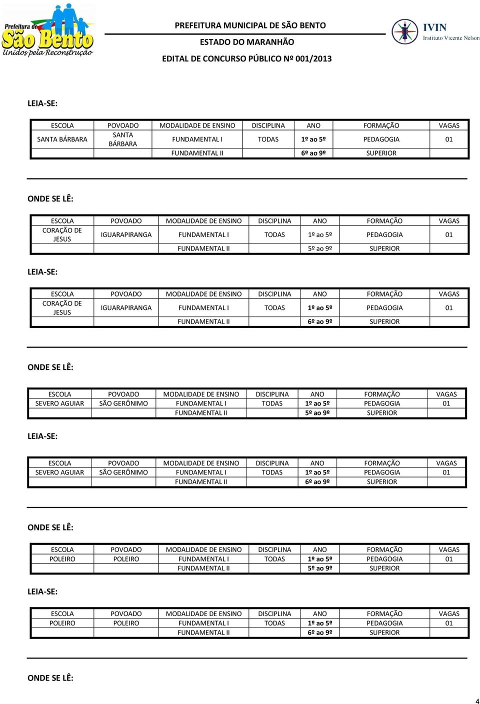 GERÔNIMO FUNDAMENTAL I TODAS 1º ao 5º PEDAGOGIA 01 FUNDAMENTAL II SEVERO AGUIAR SÃO GERÔNIMO FUNDAMENTAL I TODAS 1º ao 5º PEDAGOGIA 01