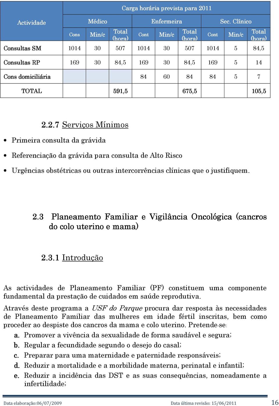 2.7 Serviços Mínimos Primeira consulta da grávida Referenciação da grávida para consulta de Alto Risco Urgências obstétricas ou outras intercorrências clínicas que o justifiquem. 2.