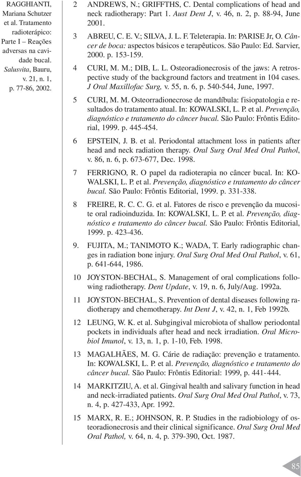 L. Osteoradionecrosis of the jaws: A retrospective study of the background factors and treatment in 104 cases. J Oral Ma