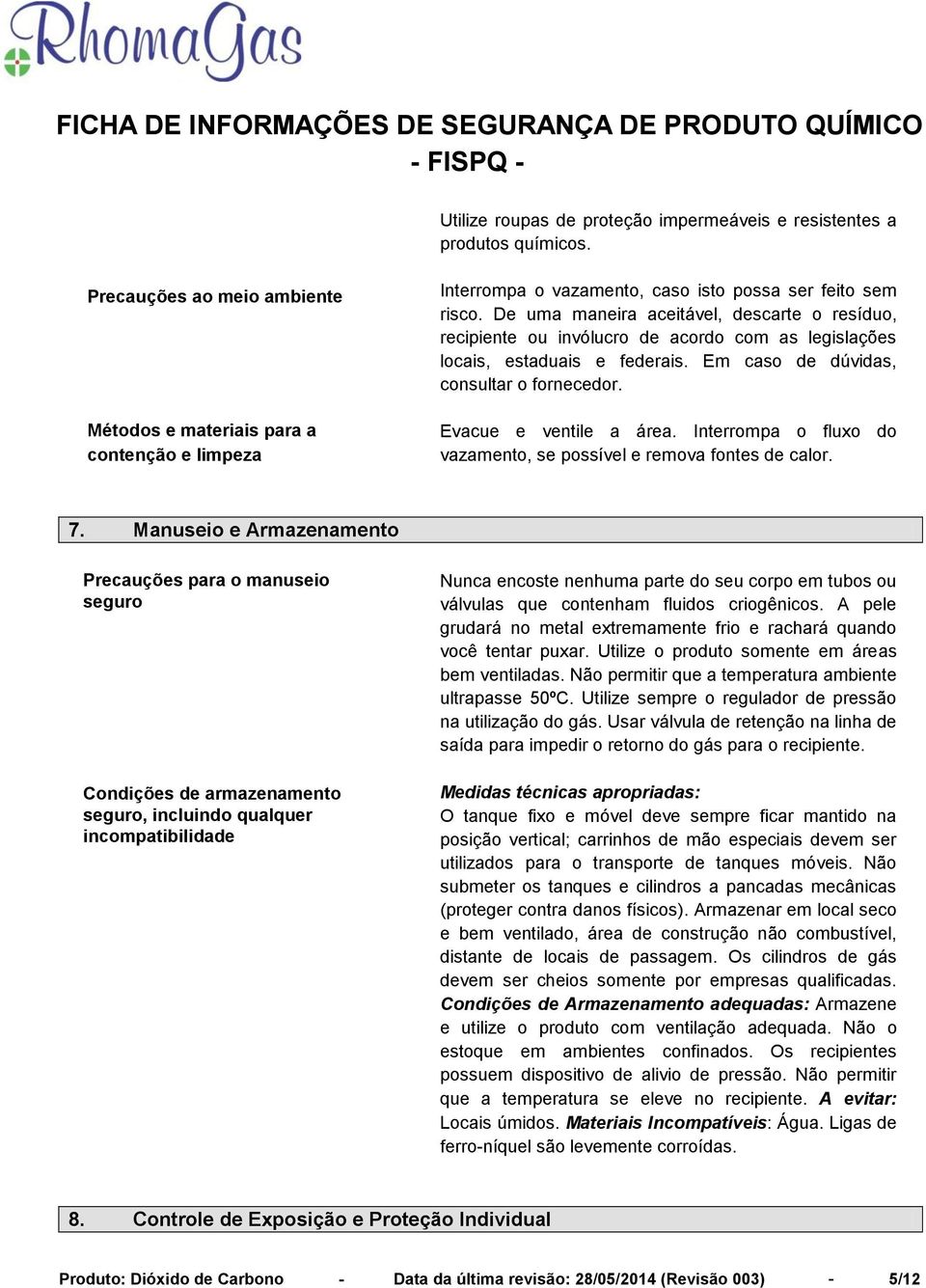 De uma maneira aceitável, descarte o resíduo, recipiente ou invólucro de acordo com as legislações locais, estaduais e federais. Em caso de dúvidas, consultar o fornecedor. Evacue e ventile a área.