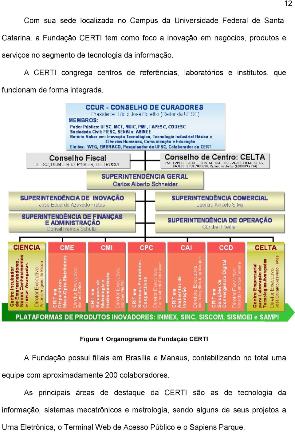 Figura 1 Organograma da Fundação CERTI A Fundação possui filiais em Brasília e Manaus, contabilizando no total uma equipe com aproximadamente 200 colaboradores.