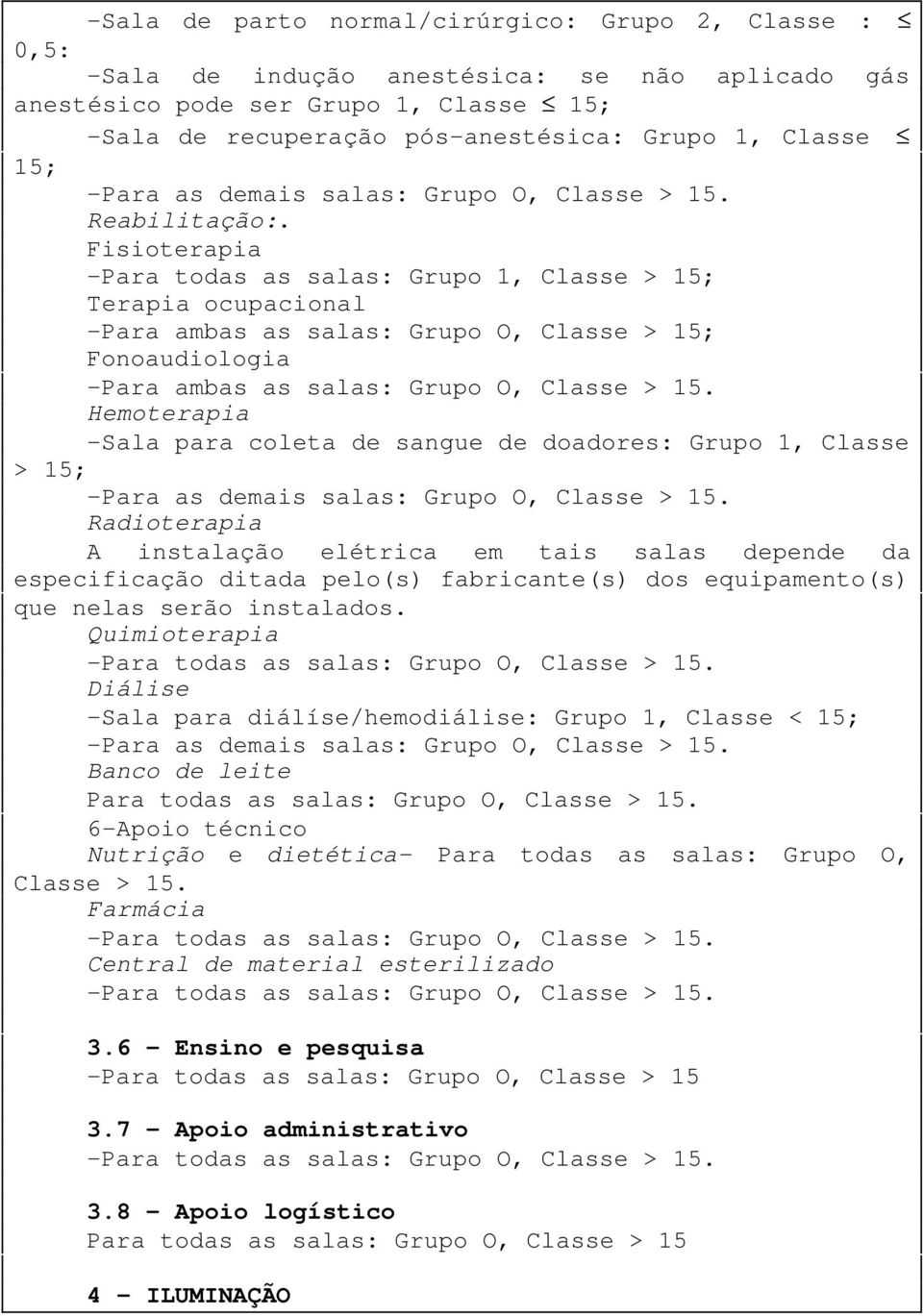 Fisioterapia -Para todas as salas: Grupo 1, Classe > 15; Terapia ocupacional -Para ambas as salas: Grupo O, Classe > 15; Fonoaudiologia -Para ambas as salas: Grupo O, Classe > 15.