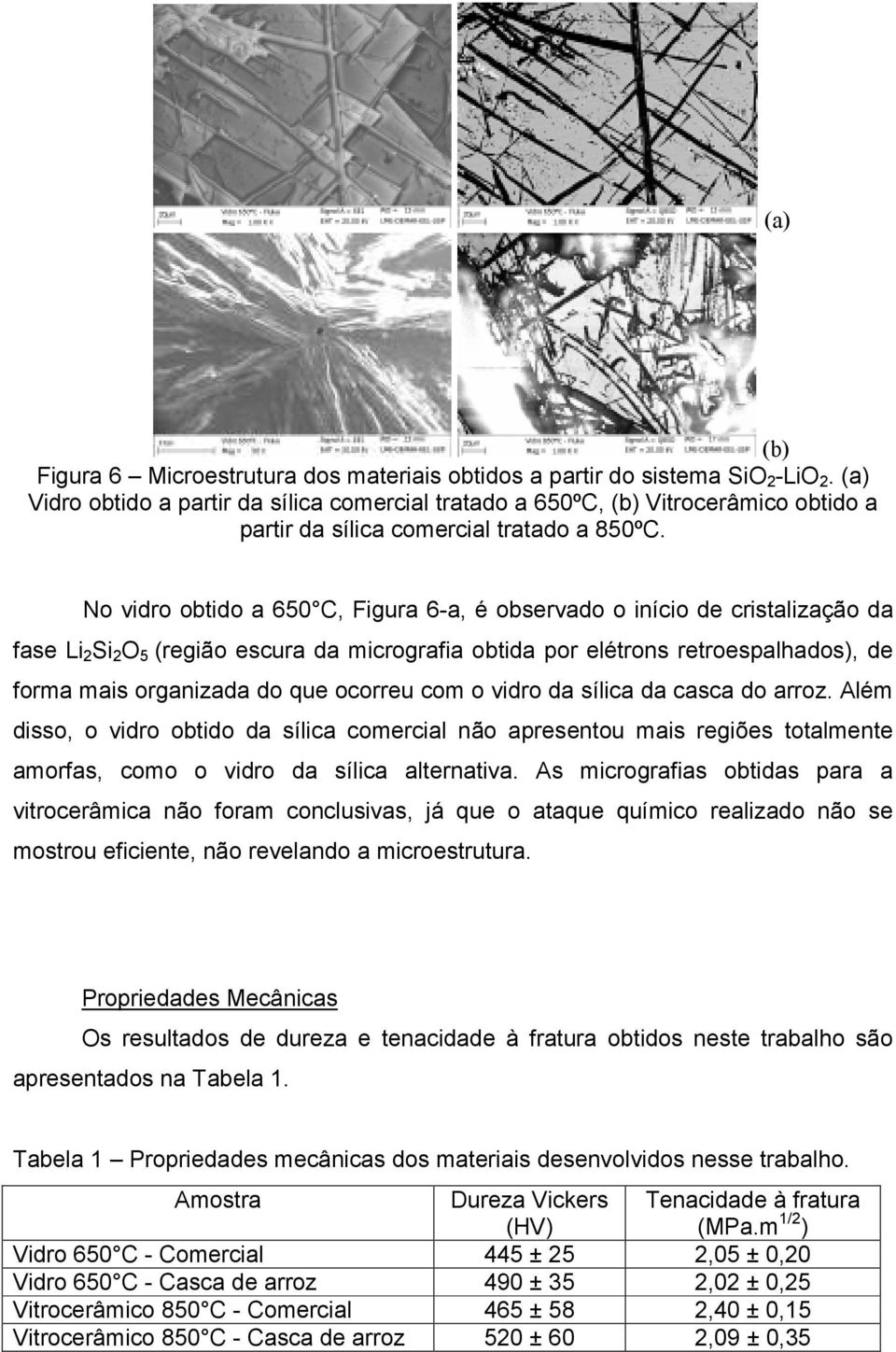 No vidro obtido a 650 C, Figura 6-a, é observado o início de cristalização da fase Li 2 Si 2 O 5 (região escura da micrografia obtida por elétrons retroespalhados), de forma mais organizada do que