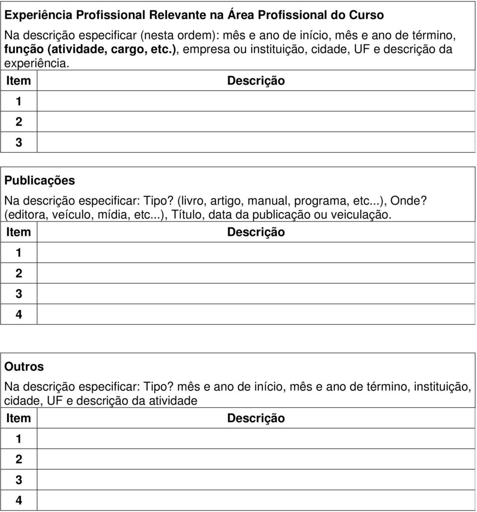 Publicações Na descrição especificar: Tipo? (livro, artigo, manual, programa, etc...), Onde? (editora, veículo, mídia, etc.