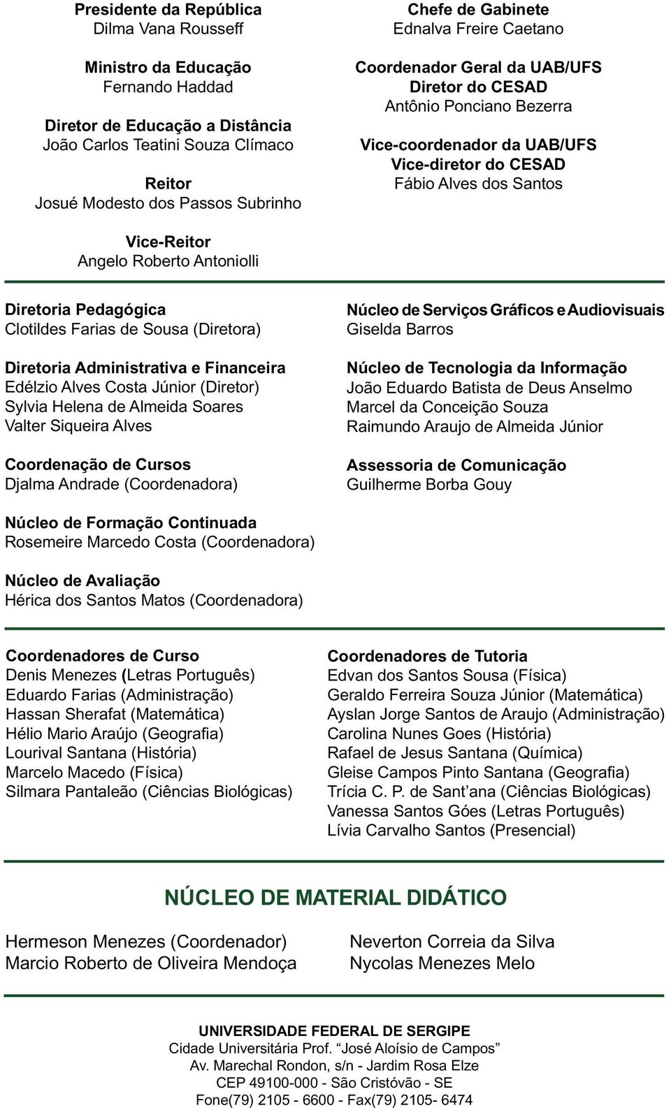 Roberto Antoniolli Diretoria Pedagógica Clotildes Farias de Sousa (Diretora) Diretoria Administrativa e Financeira Edélzio Alves Costa Júnior (Diretor) Sylvia Helena de Almeida Soares Valter Siqueira