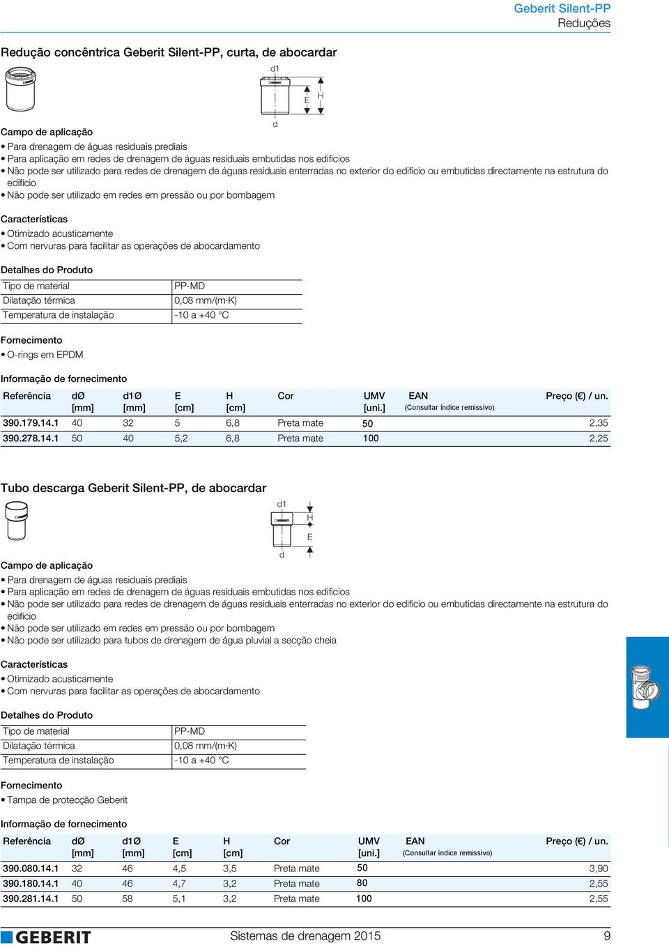 nervuras para facilitar as operações e abocaramento Temperatura e instalação -10 a +40 C O-rings emepdm 1Ø E (Consultar ínice remissivo) 390.179.14.