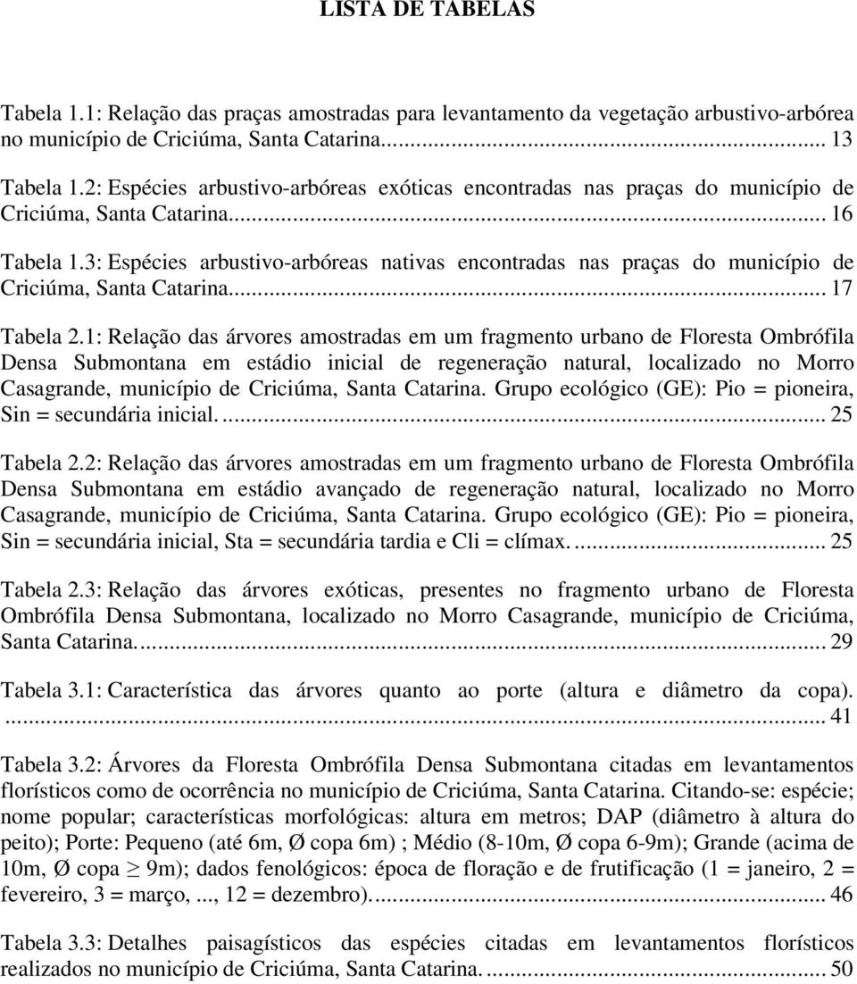 3: Espécies arbustivo-arbóreas nativas encontradas nas praças do município de Criciúma, Santa Catarina... 17 Tabela 2.