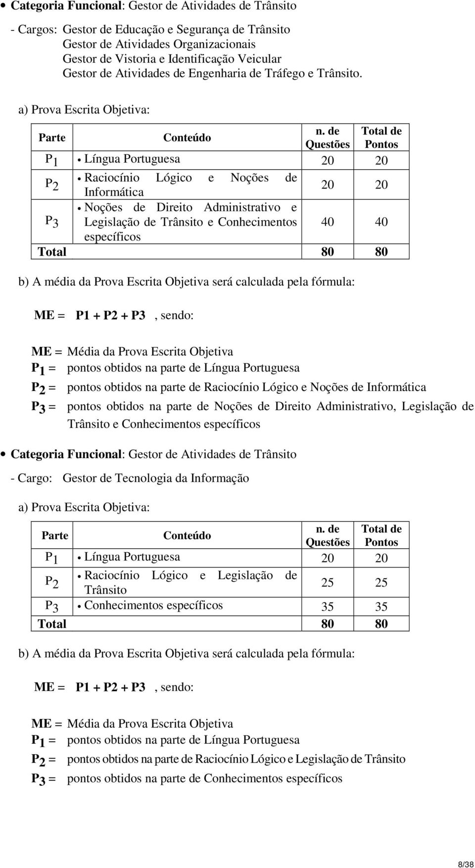 de Total de Questões Pontos P 1 Língua Portuguesa 20 20 P Raciocínio Lógico e Noções de 2 Informática 20 20 Noções de Direito Administrativo e P 3 Legislação de e Conhecimentos 40 40 específicos