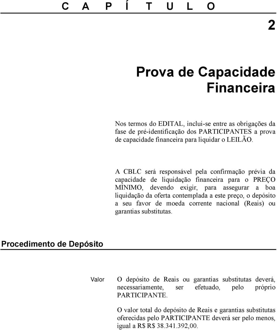 A CBLC será responsável pela confirmação prévia da capacidade de liquidação financeira para o PREÇO MÍNIMO, devendo exigir, para assegurar a boa liquidação da oferta contemplada a este