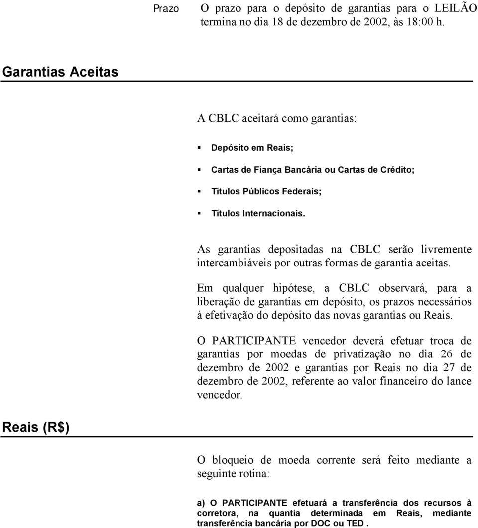 As garantias depositadas na CBLC serão livremente intercambiáveis por outras formas de garantia aceitas.