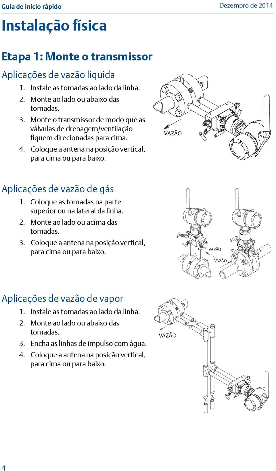 VAZÃO Aplicações de vazão de gás 1. Coloque as tomadas na parte superior ou na lateral da linha. 2. Monte ao lado ou acima das tomadas. 3.