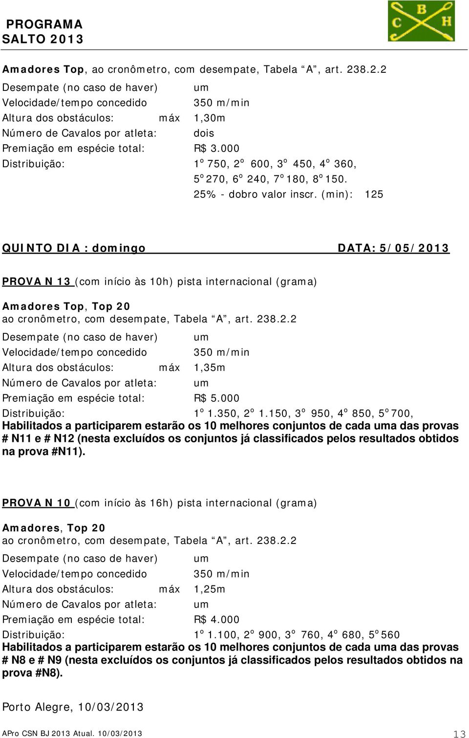 (min): 125 QUINTO DIA : domingo DATA: 5/05/2013 PROVA N 13 (com início às 10h) pista internacional (grama) Amadores Top, Top 20 ao cronômetro, com desempate, Tabela A, art. 238.2.2 Desempate (no caso de haver) um Altura dos obstáculos: máx 1,35m Número de Cavalos por atleta: um Premiação em espécie total: R$ 5.