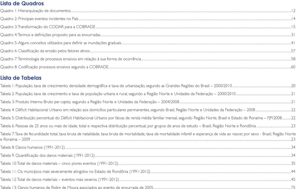 ..57 Quadro 7: Terminologia de processos erosivos em relação à sua forma de ocorrência...58 Quadro 8: Codificação processos erosivos segundo a COBRADE.