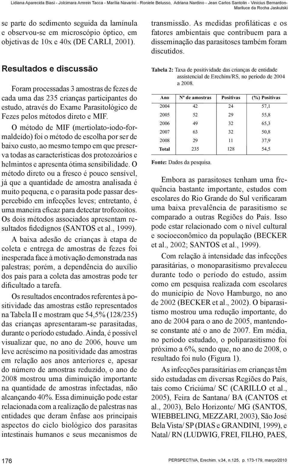 Resultados e discussão Foram processadas 3 amostras de fezes de cada uma das 235 crianças participantes do estudo, através do Exame Parasitológico de Fezes pelos métodos direto e MIF.