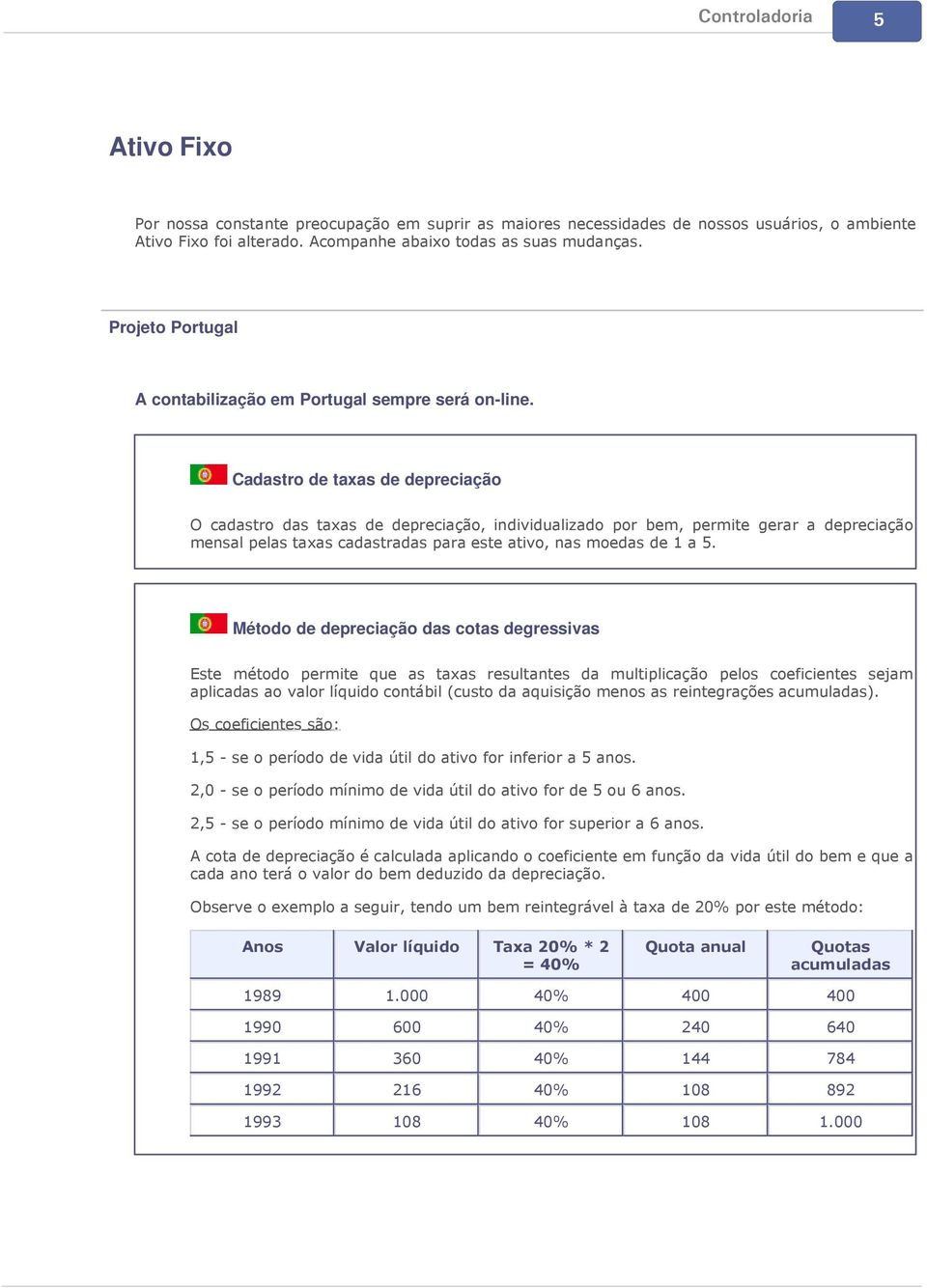 Cadastro de taxas de depreciação O cadastro das taxas de depreciação, individualizado por bem, permite gerar a depreciação mensal pelas taxas cadastradas para este ativo, nas moedas de 1 a 5.