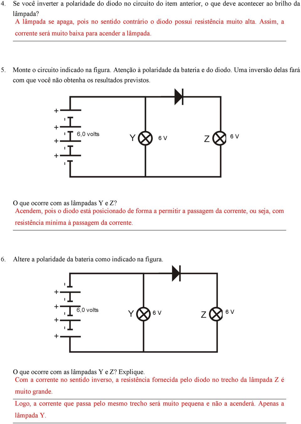 Atenção à polaridade da bateria e do diodo. Uma inversão delas fará com que você não obtenha os resultados previstos. 6 V 6 V O que ocorre com as lâmpadas Y e Z?