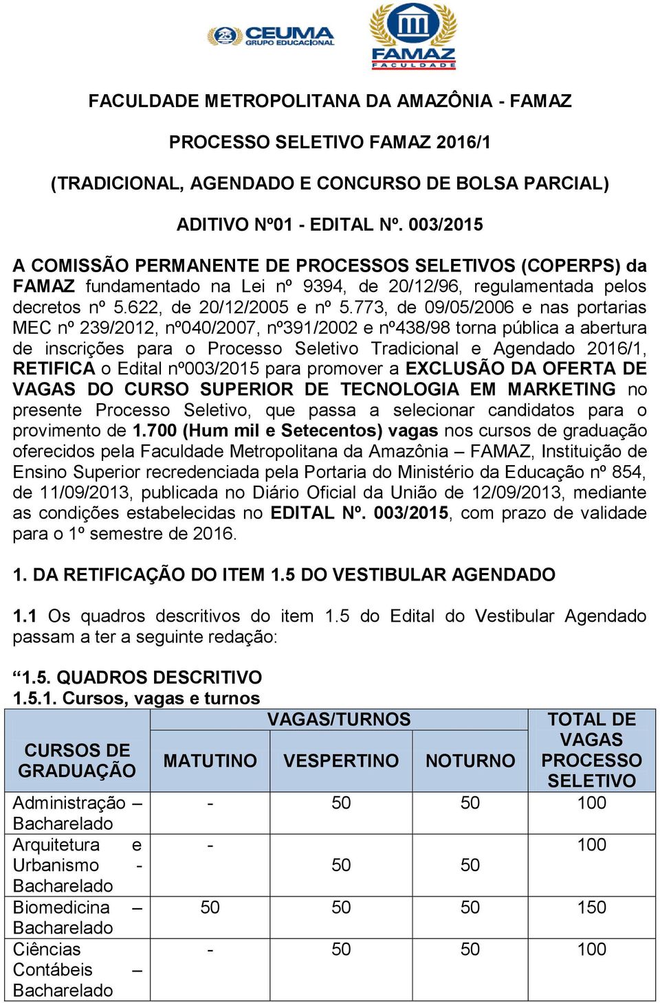 773, de 09/05/2006 e nas portarias MEC nº 239/2012, nº040/2007, nº391/2002 e nº438/98 torna pública a abertura de inscrições para o Processo Seletivo Tradicional e Agendado 2016/1, RETIFICA o Edital