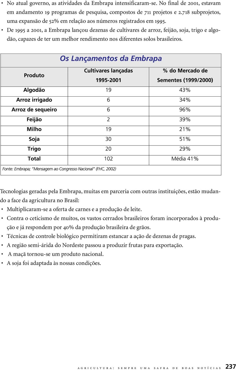 De 1995 a 2001, a Embrapa lançou dezenas de cultivares de arroz, feijão, soja, trigo e algodão, capazes de ter um melhor rendimento nos diferentes solos brasileiros.