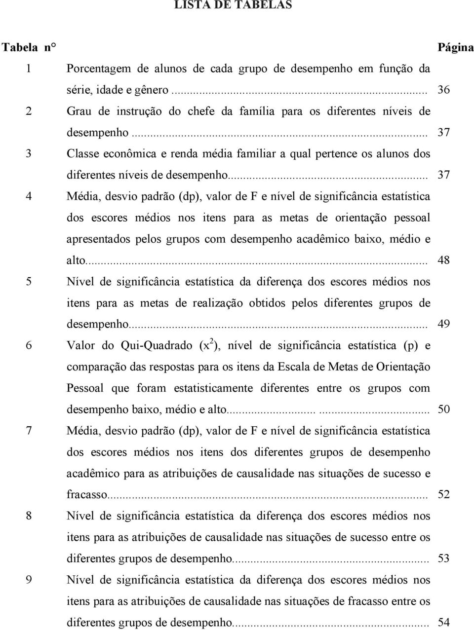 .. 37 4 Média, desvio padrão (dp), valor de F e nível de significância estatística dos escores médios nos itens para as metas de orientação pessoal apresentados pelos grupos com desempenho acadêmico