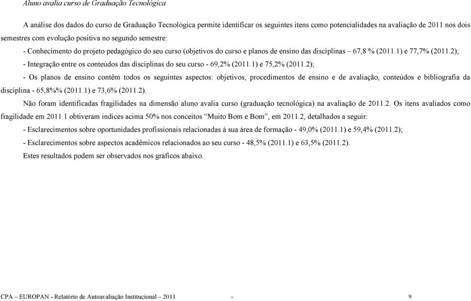 2); - Integração entre os conteúdos das disciplinas do seu curso - 69,2% (2011.1) e 75,2% (2011.